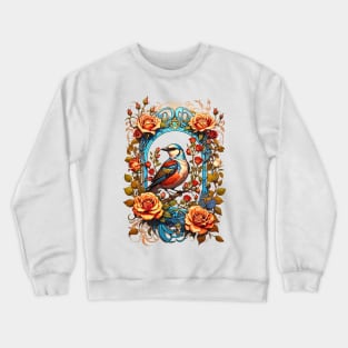 Bird on a branch with roses retro vintage floral design Crewneck Sweatshirt